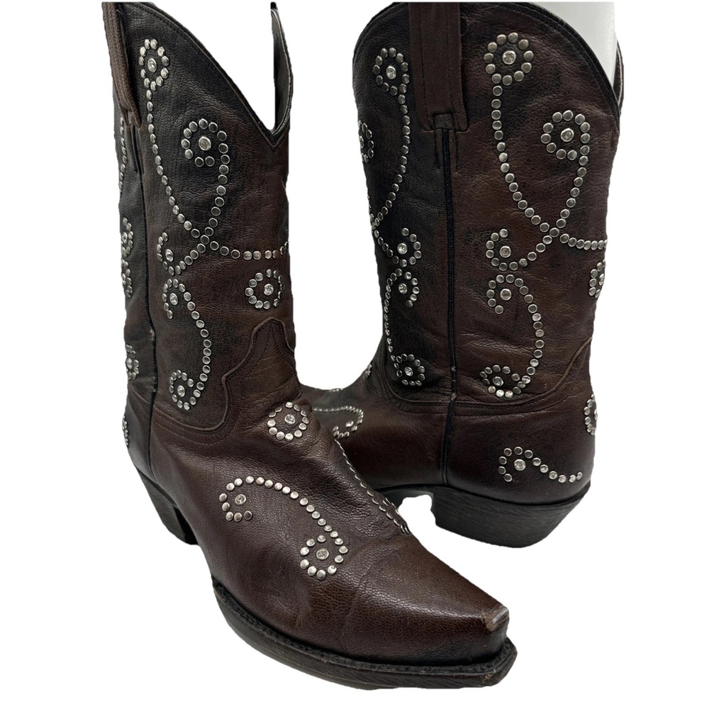 Caborca Studded Rhinestone Brown Western Distressed‎ Boots Sz 8 1/2